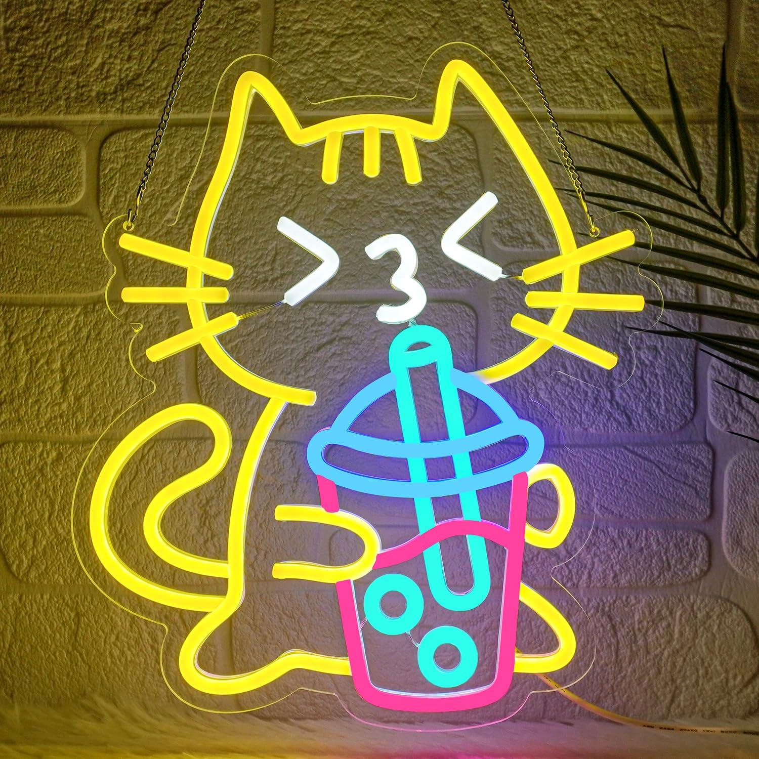 Coffee Tea Neon Sign - Katten Boba Thee Neonbord Schattig Dieren